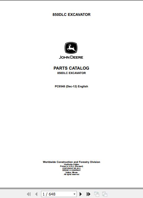 John Deere Excavator 850DLC Parts Catalog PC9548 1
