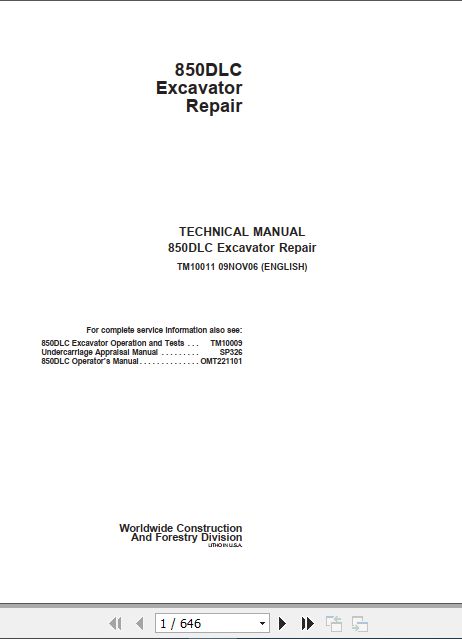 John Deere Excavator 850DLC Technical Repair Manual TM10011 1