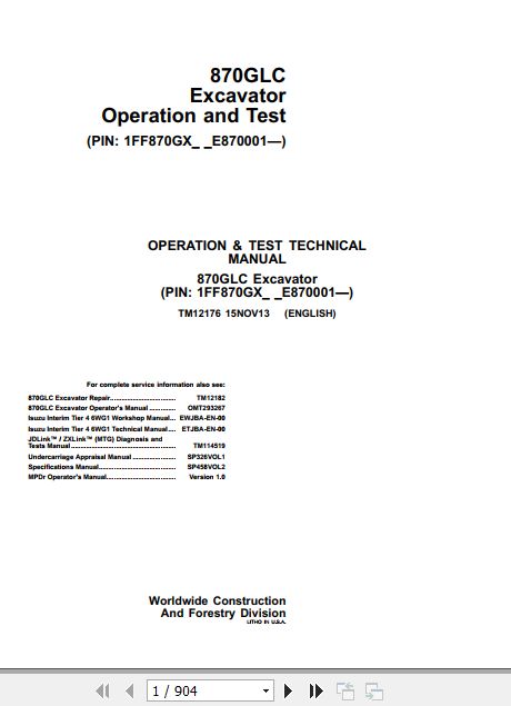 John Deere Excavator 870GLC Operation And Test Manual TM12176 1