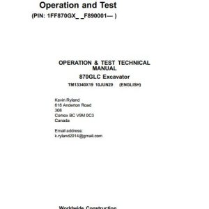 John Deere Excavator 870GLC Operation And Test Manual TM13340X19 1