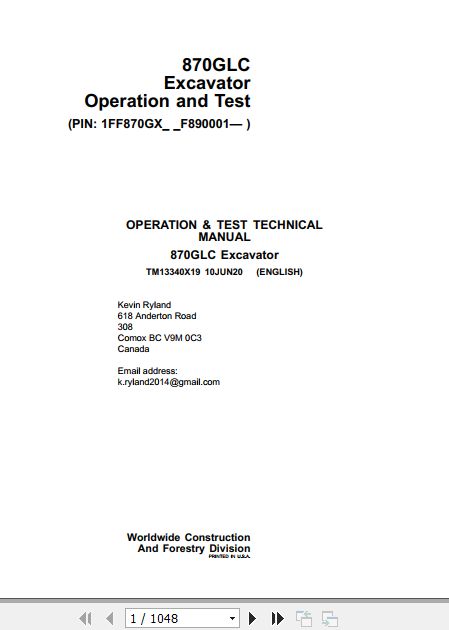 John Deere Excavator 870GLC Operation And Test Manual TM13340X19 1