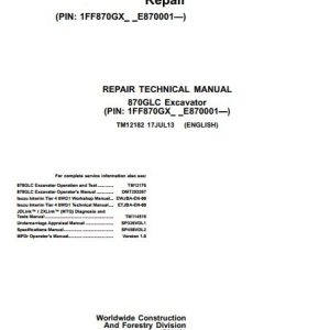 John Deere Excavator 870GLC Technical Repair Manual TM12182 1