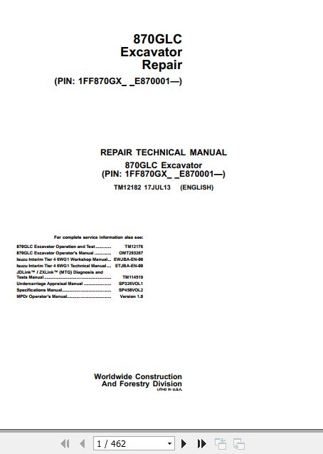 John Deere Excavator 870GLC Technical Repair Manual TM12182 1