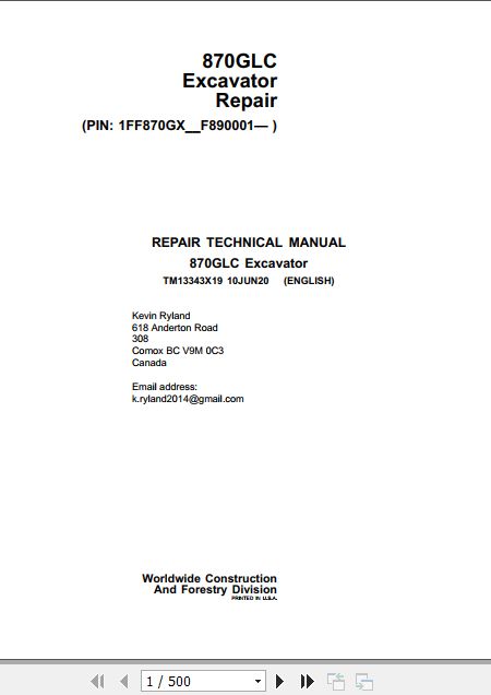 John Deere Excavator 870GLC Technical Repair Manual TM13343X19 1