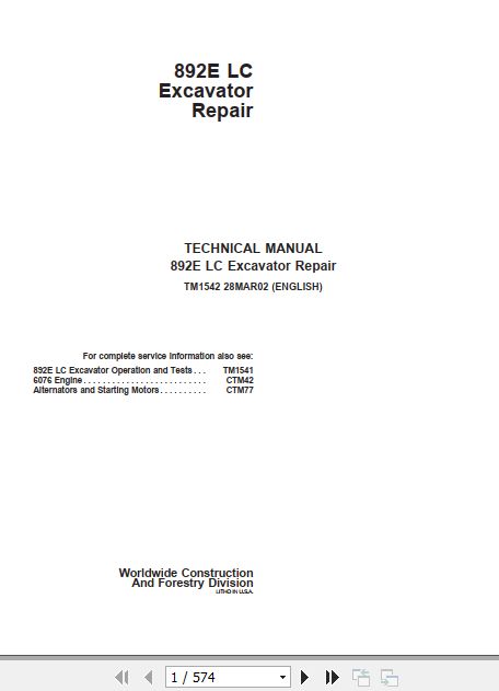 John Deere Excavator 892E LC Technical Repair Manual TM1542 1