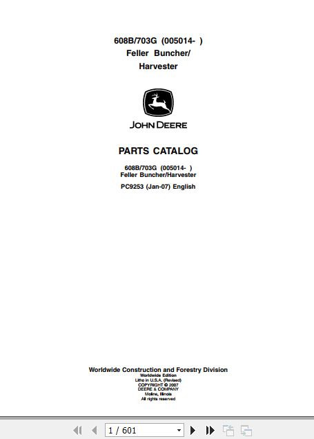 John Deere Feller Buncher Harvester 608B 703G Parts Catalog PC9253 1