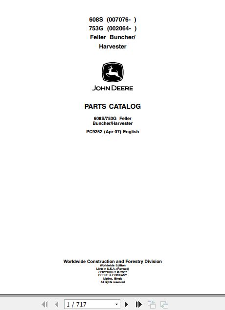 John Deere Feller Buncher Harvester 608S 753G Parts Catalog PC9252 1