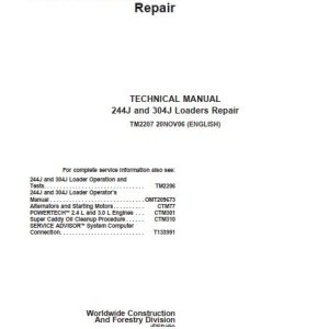 John Deere Loader 244J 304J Technical Repair Manual TM2207 1
