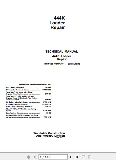 John Deere Loader 444K Technical Repair Manual TM10685 1