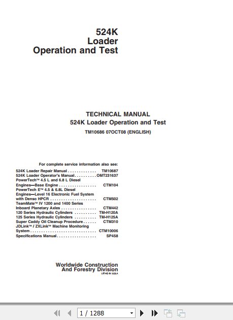 John Deere Loader 524K Operation And Test Manual TM10686 1