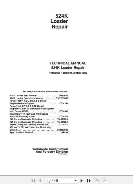 John Deere Loader 524K Technical Repair Manual TM10687 1
