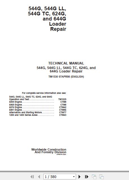 John Deere Loader 544G 544G LL 544G TC 624G 644G Technical Repair Manual TM1530 1