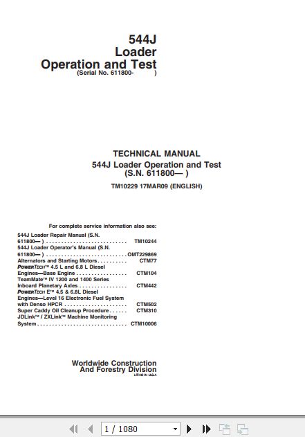 John Deere Loader 544J Operation And Test Manual TM10229 1