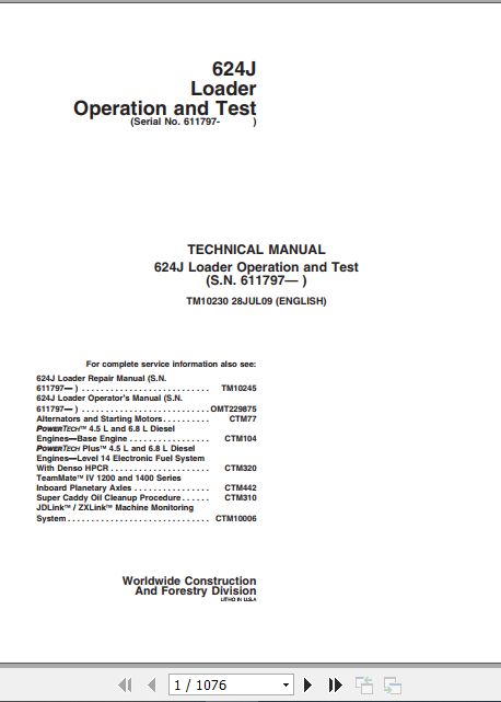 John Deere Loader 624J Operation And Test Manual TM10230 1
