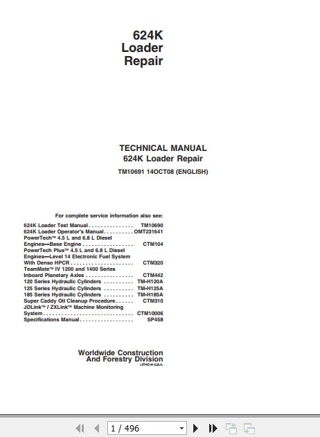 John Deere Loader 624K Technical Repair Manual TM10691 1