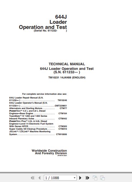 John Deere Loader 644J Operation And Test Manual TM10231 1