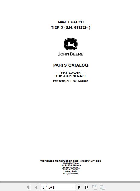 John Deere Loader 644J Parts Catalog PC10030 1