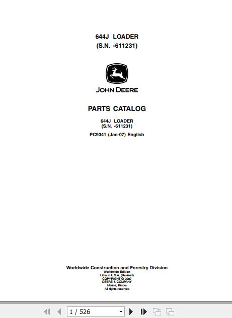 John Deere Loader 644J Parts Catalog PC9341 1
