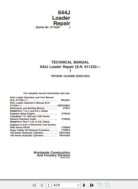 John Deere Loader 644J Technical Repair Manual TM10246 1
