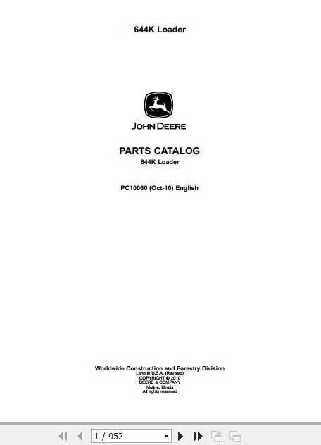 John Deere Loader 644K Parts Catalog PC10060 1