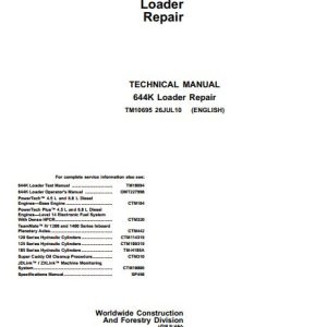 John Deere Loader 644K Technical Repair Manual TM10695 1
