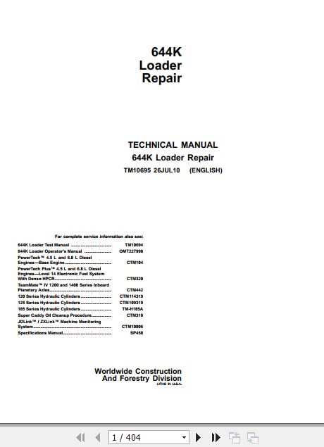 John Deere Loader 644K Technical Repair Manual TM10695 1