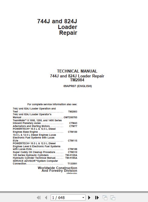 John Deere Loader 744J 824J Technical Repair Manual TM2084 1