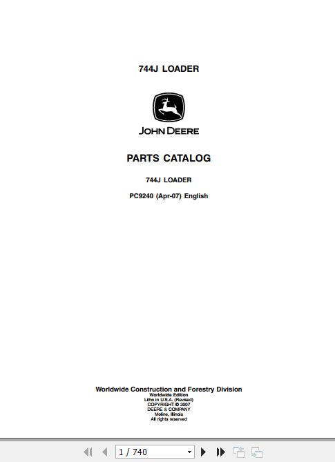 John Deere Loader 744J Parts Catalog PC9240 1