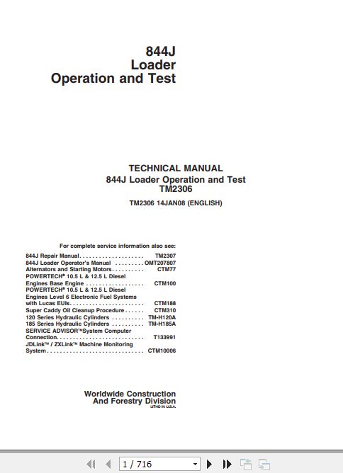 John Deere Loader 844J Operation And Test Manual TM2306 1