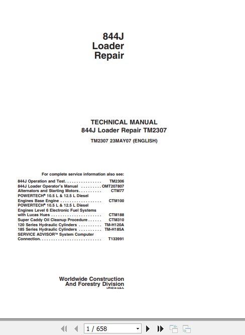 John Deere Loader 844J Technical Repair Manual TM2307 1