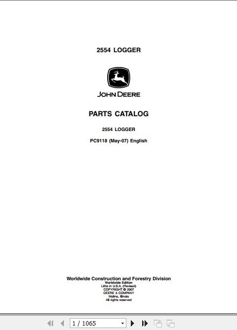 John Deere Log Loader 2554 Parts Catalog PC9118 1