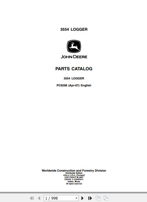 John Deere Log Loader 3554 Parts Catalog PC9298 1