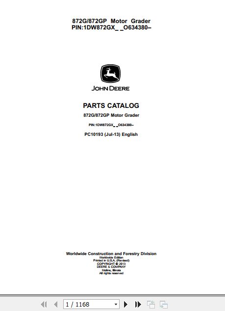 John Deere Motor Grader 872G 872GP Parts Catalog PC10193 1