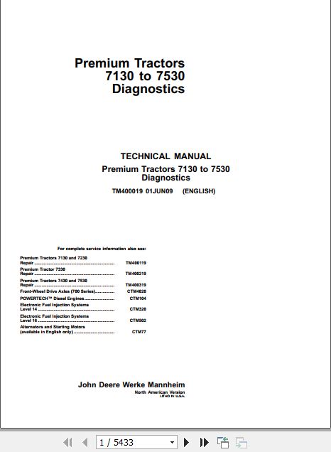 John Deere Premium Tractors 7130 to 7530 Diagnostic Technical Manual TM400019