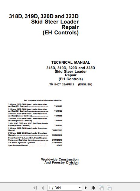John Deere Skid Steer Loader 318D 319D 320D 323D Technical Repair Manual TM11407 1