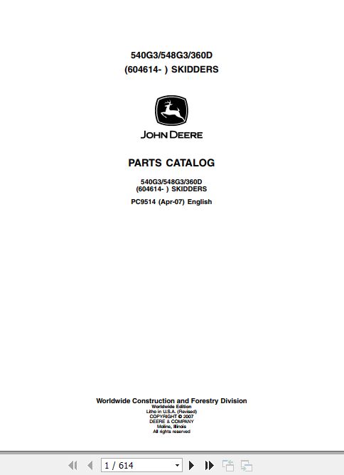 John Deere Skidder 540G3 548G3 360D Parts Catalog PC9514 1