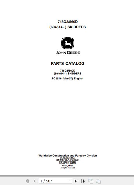 John Deere Skidder 748G3 560D Parts Catalog PC9516 1