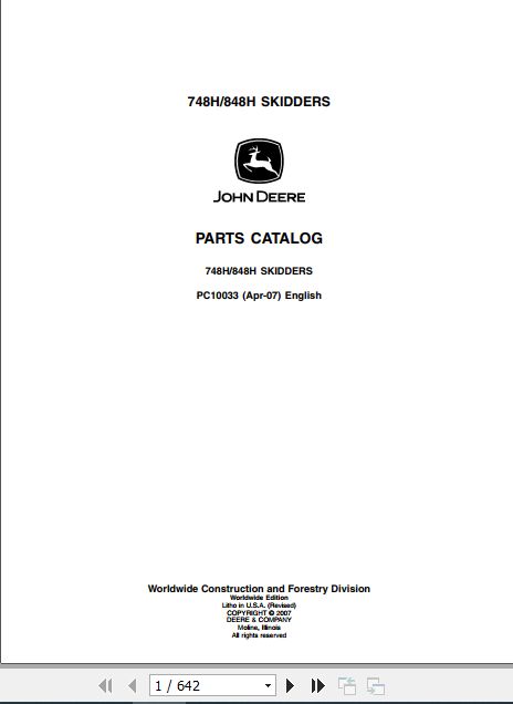 John Deere Skidder 748H 848H Parts Catalog PC10033 1