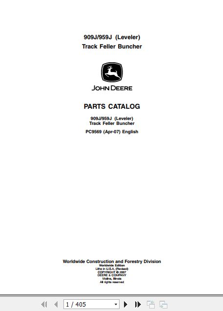 John Deere Track Feller Buncher 909J 959J Parts Catalog PC9569 1