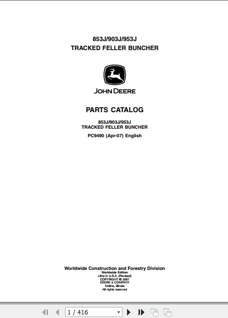 John Deere Tracked Feller Buncher 853J 903J 953J Parts Catalog PC9490 1
