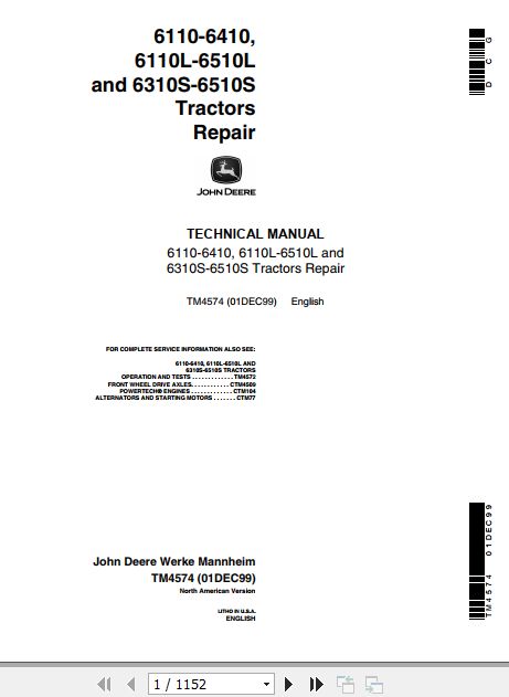 John Deere Tractor 6110 6410 6110L 6510L 6310S 6510S Technical Repair Manual TM4574 1