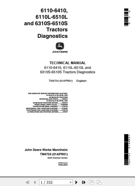 John Deere Tractor 6110 6410 6110L 6510L Technical Diagnostic Manual TM4724 1