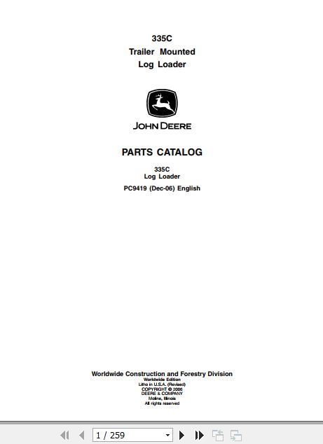 John Deere Trailer Mounted Log Loader 335C Parts Catalog PC9419 1