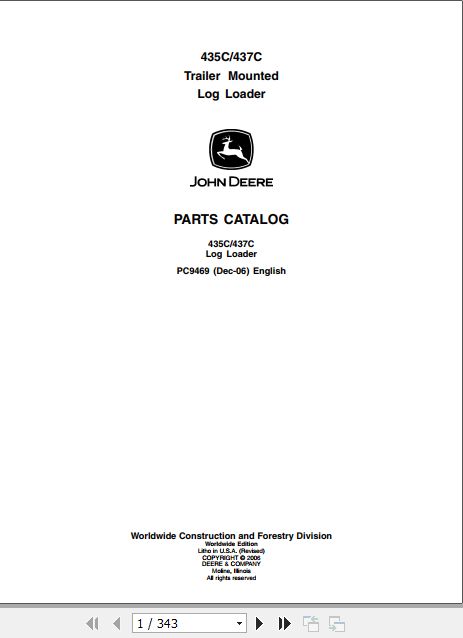 John Deere Trailer Mounted Log Loader 435C 437C Parts Catalog PC9469 1