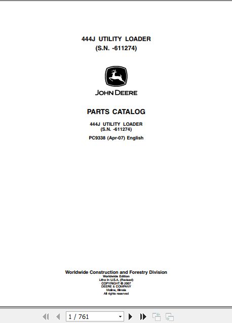 John Deere Utility Loader 444J Parts Catalog PC9338 1