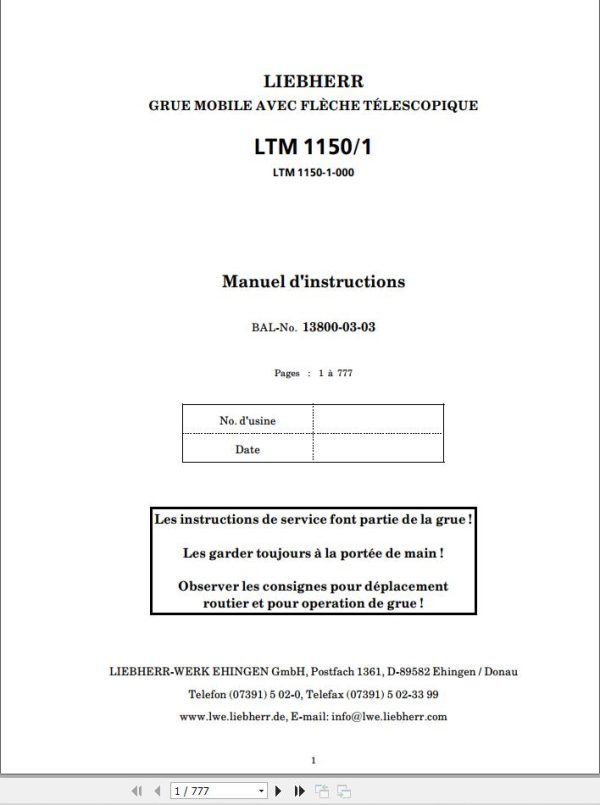 Liebherr Crane LTM 1150 1 Operating Manual