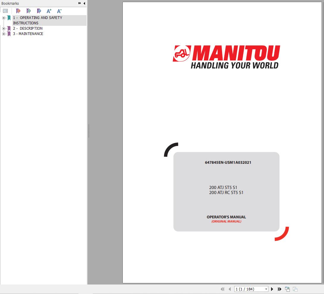 Manitou 200ATJST5S1 200ATJRCST5S1 Operators Manual 647845EN USM1A032021