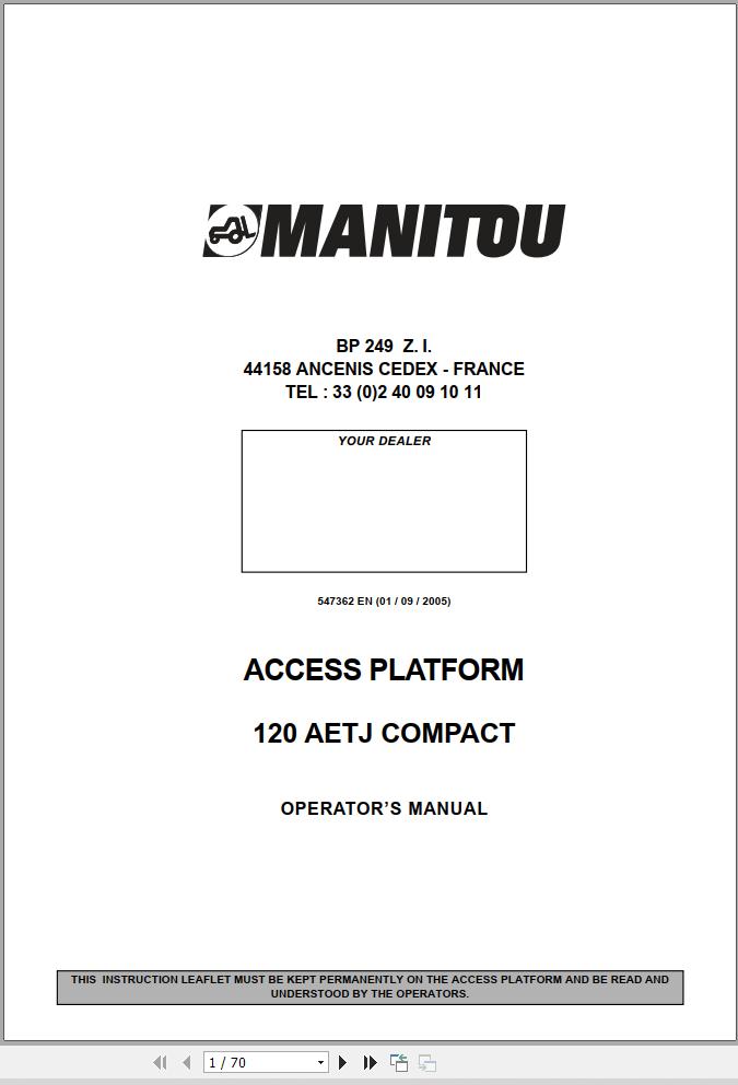 Manitou Access Platform 120AETJ Compact Operators Manual 547362