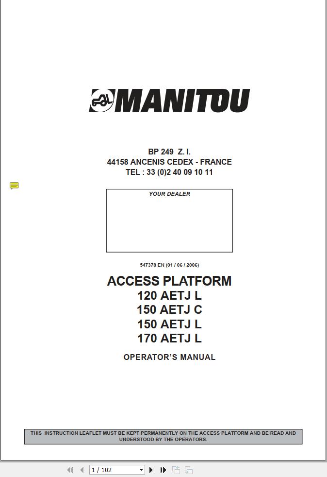 Manitou Access Platform 120AETJL to 170AETJL Operators Manual 547378