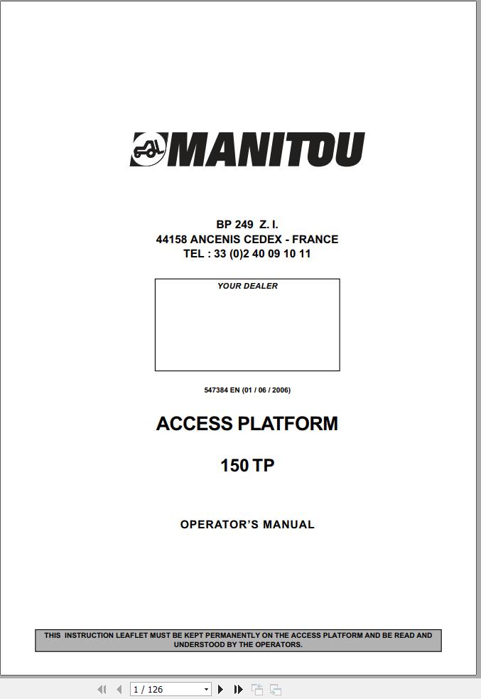 Manitou Access Platform 150TP Operators Manual 547384 EN